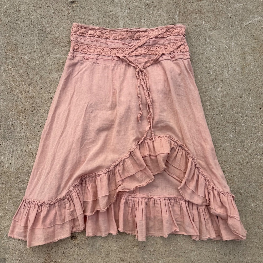 Y2K Xhilaration Pink Cotton Gauze Crochet Lace High Low Ruffle Midi Skirt Size 7